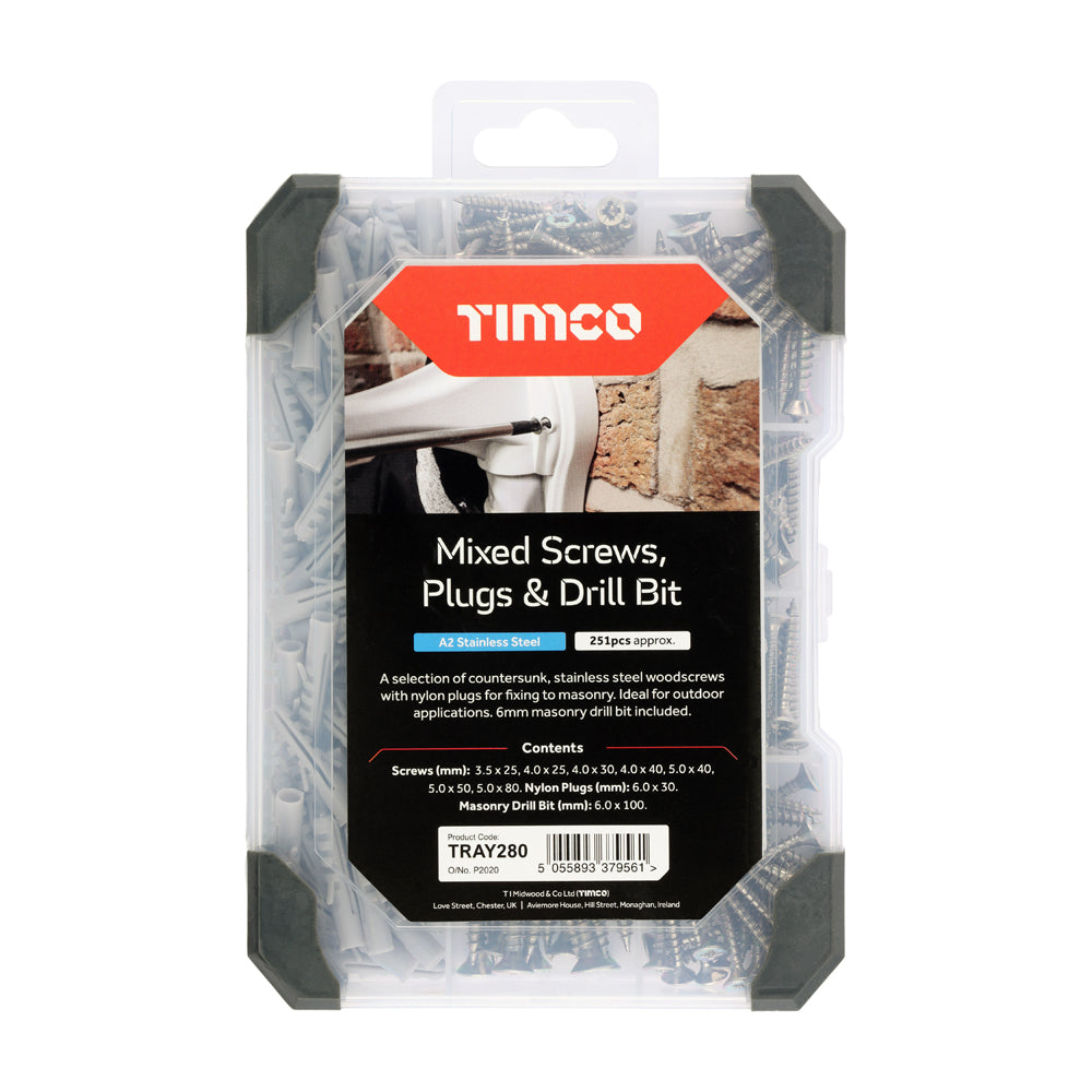 TIMCO Screws, Plug & Drill Bit Mixed Tray - A2 Stainless Steel - 251 pcs